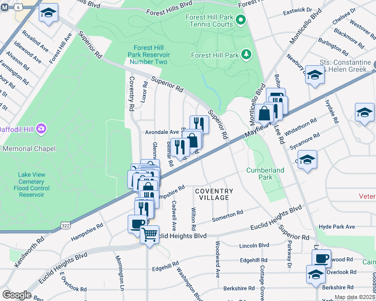 map of restaurants, bars, coffee shops, grocery stores, and more near 1666 Hillcrest Road in Cleveland Heights