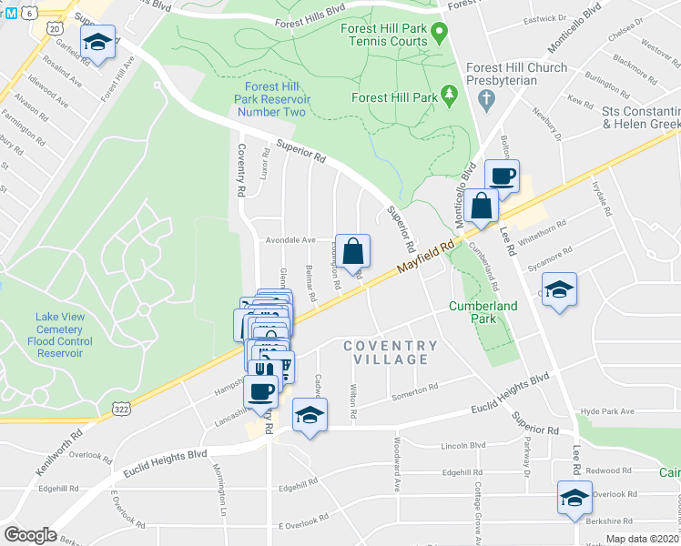 map of restaurants, bars, coffee shops, grocery stores, and more near 1666 Hillcrest Road in Cleveland Heights