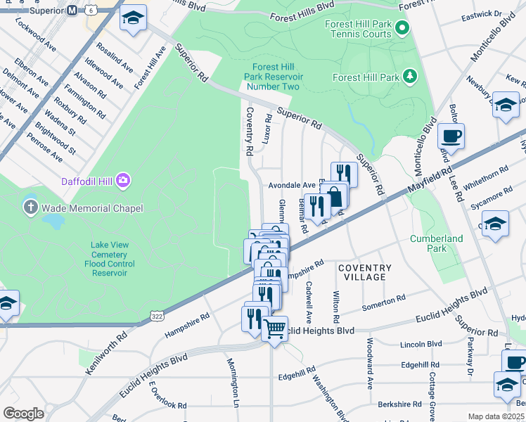 map of restaurants, bars, coffee shops, grocery stores, and more near 1671 Coventry Road in Cleveland Heights