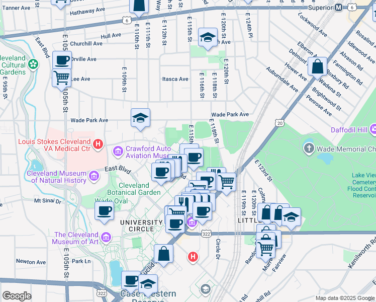 map of restaurants, bars, coffee shops, grocery stores, and more near 1623 East 115th Street in Cleveland