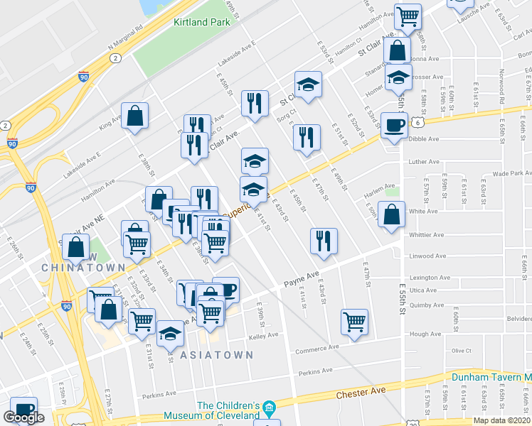 map of restaurants, bars, coffee shops, grocery stores, and more near 1517 East 41st Street in Cleveland