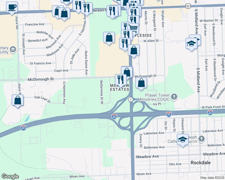 map of restaurants, bars, coffee shops, grocery stores, and more near 411 South Larkin Avenue in Joliet