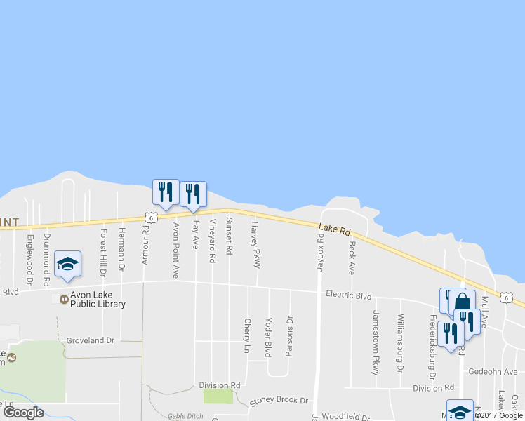map of restaurants, bars, coffee shops, grocery stores, and more near 32362 Lake Road in Avon Lake