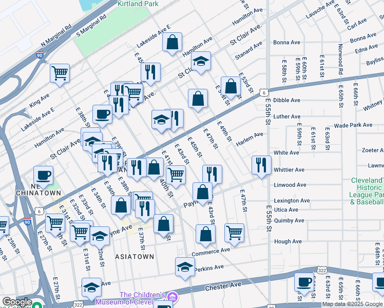 map of restaurants, bars, coffee shops, grocery stores, and more near 1542 East 45th Street in Cleveland