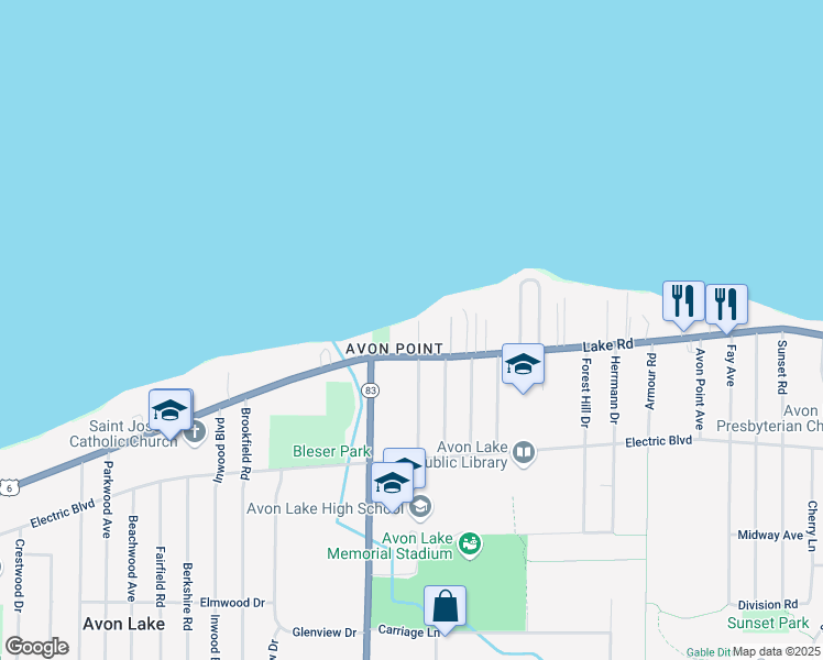 map of restaurants, bars, coffee shops, grocery stores, and more near 88 Beachdale Dr in Avon Lake