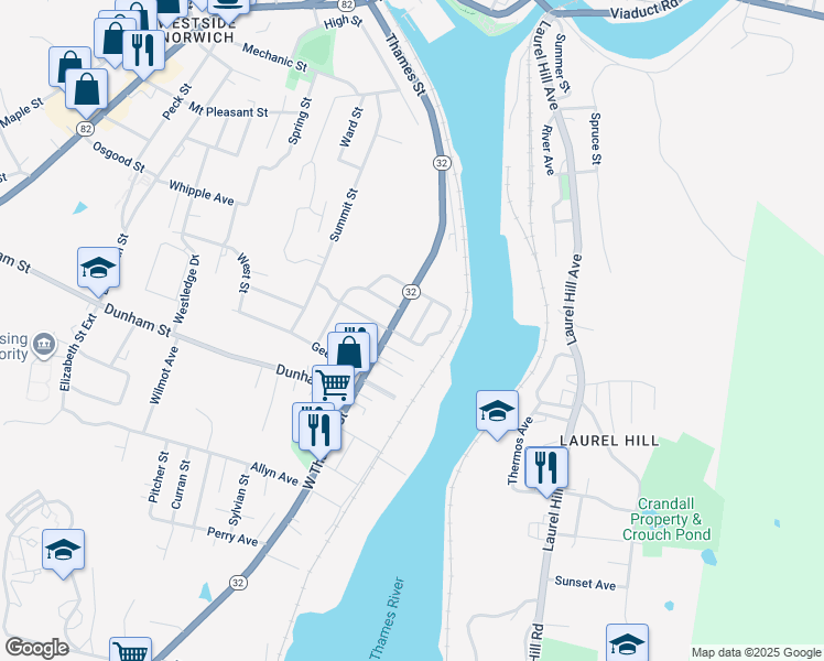 map of restaurants, bars, coffee shops, grocery stores, and more near 29 Kinney Avenue in Norwich