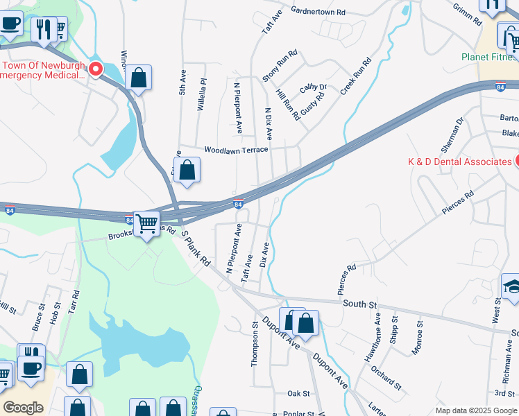 map of restaurants, bars, coffee shops, grocery stores, and more near 30 Taft Avenue in Newburgh