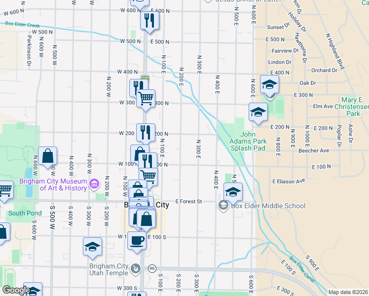 map of restaurants, bars, coffee shops, grocery stores, and more near 146 North 200 East in Brigham City