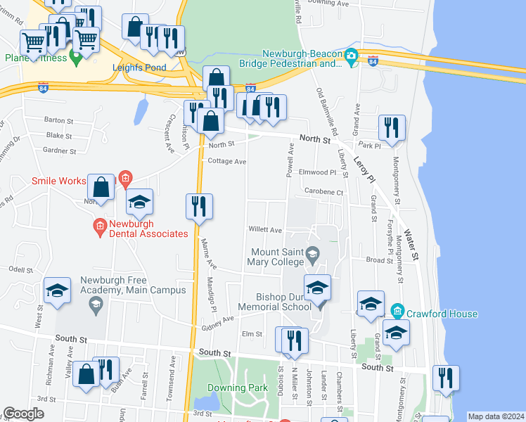 map of restaurants, bars, coffee shops, grocery stores, and more near 39 City Terrace North in Newburgh