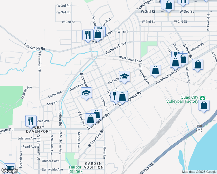 map of restaurants, bars, coffee shops, grocery stores, and more near 2806 Jackson Avenue in Davenport