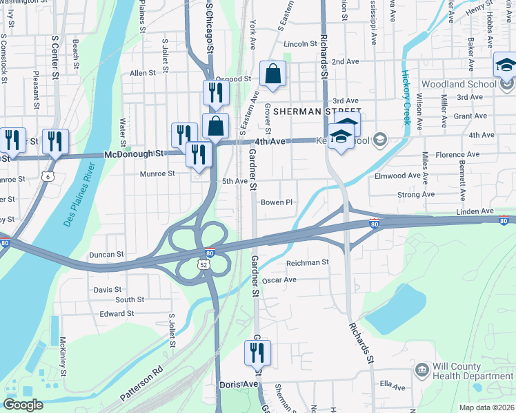 map of restaurants, bars, coffee shops, grocery stores, and more near 518 Gardner Street in Joliet