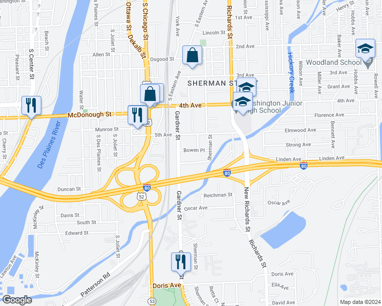 map of restaurants, bars, coffee shops, grocery stores, and more near 106 Bowen Place in Joliet