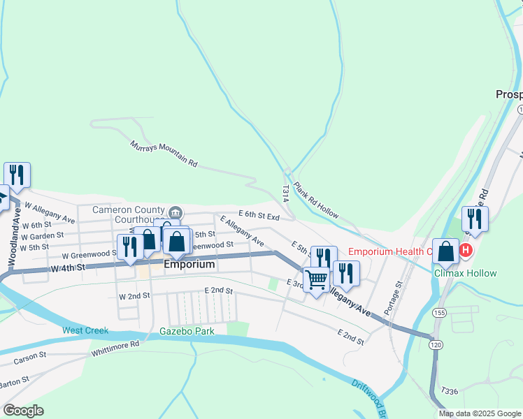map of restaurants, bars, coffee shops, grocery stores, and more near 109 Blurr Lane in Emporium