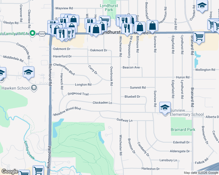 map of restaurants, bars, coffee shops, grocery stores, and more near 1688 Overbrook Road in Lyndhurst