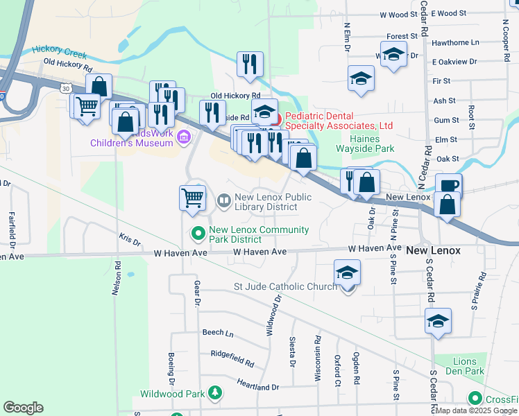 map of restaurants, bars, coffee shops, grocery stores, and more near 209 Sheridan Court in New Lenox