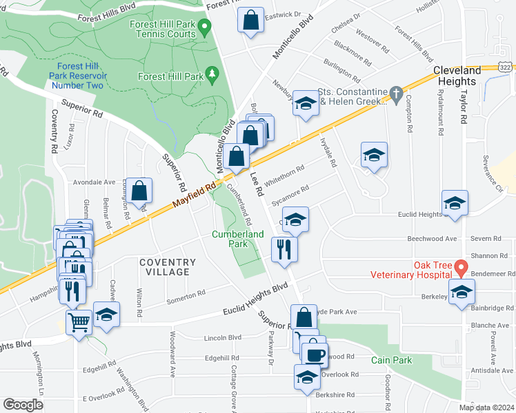 map of restaurants, bars, coffee shops, grocery stores, and more near 1672 Lee Rd in Cleveland Heights