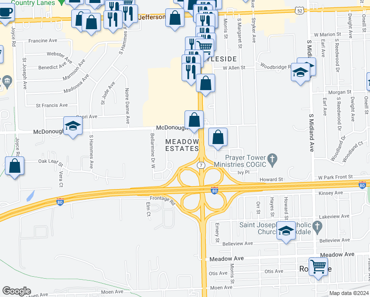 map of restaurants, bars, coffee shops, grocery stores, and more near 411 South Larkin Avenue in Joliet