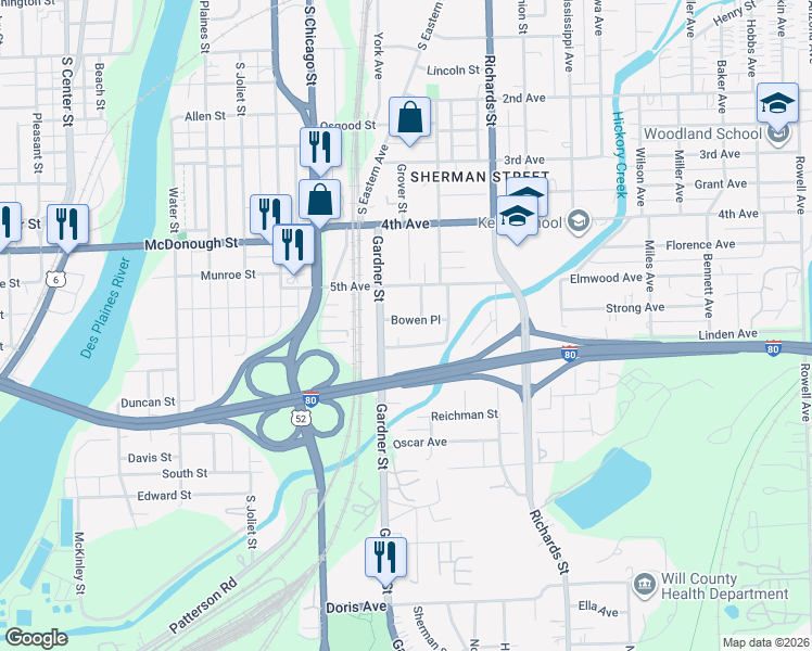 map of restaurants, bars, coffee shops, grocery stores, and more near 518 Gardner Street in Joliet