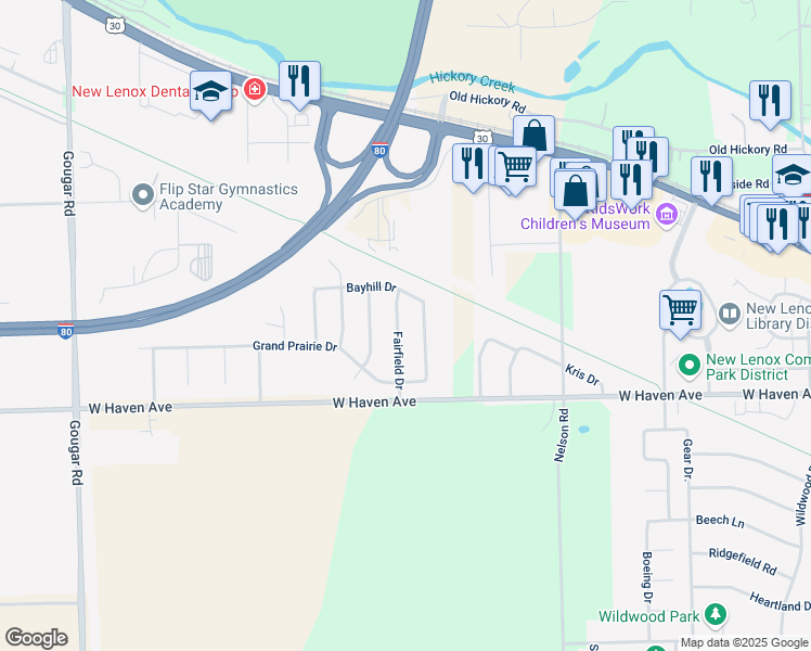 map of restaurants, bars, coffee shops, grocery stores, and more near 152 Fairfield Drive in New Lenox