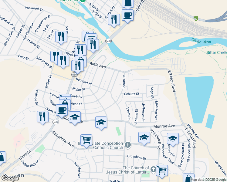 map of restaurants, bars, coffee shops, grocery stores, and more near 411 Barnhart Street in Green River
