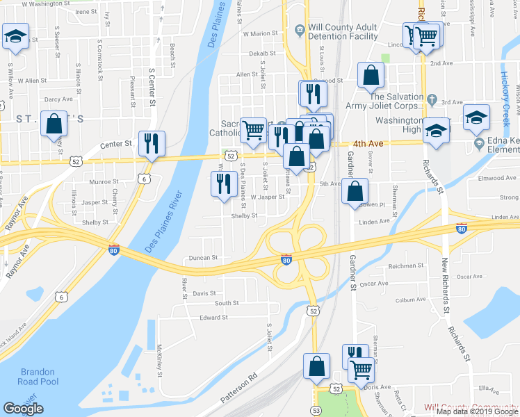 map of restaurants, bars, coffee shops, grocery stores, and more near 507 South Joliet Street in Joliet