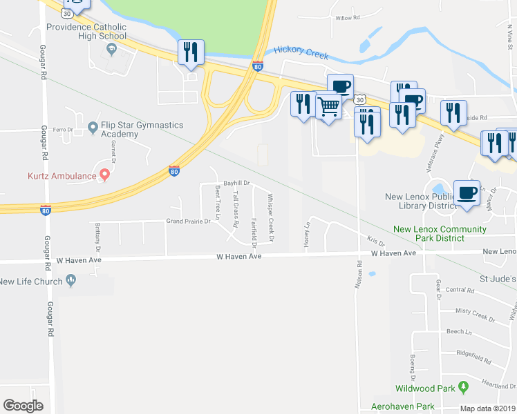 map of restaurants, bars, coffee shops, grocery stores, and more near 152 Fairfield Drive in New Lenox