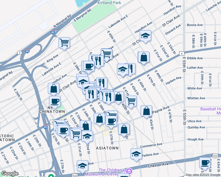map of restaurants, bars, coffee shops, grocery stores, and more near 3991 Superior Avenue in Cleveland
