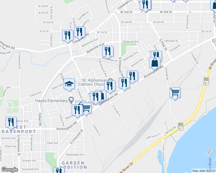 map of restaurants, bars, coffee shops, grocery stores, and more near 2618 Boies Avenue in Davenport