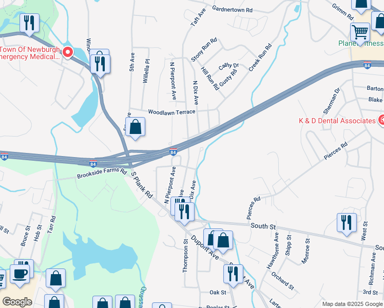 map of restaurants, bars, coffee shops, grocery stores, and more near 30 Taft Avenue in Newburgh