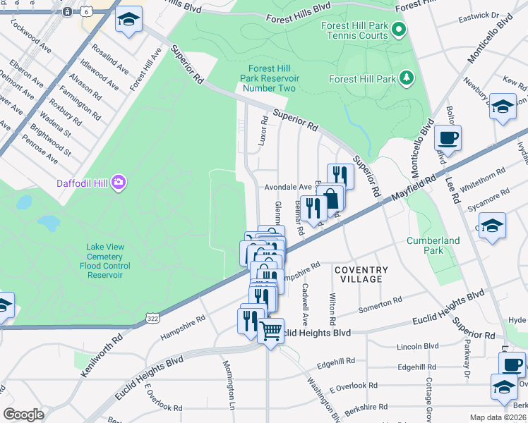 map of restaurants, bars, coffee shops, grocery stores, and more near 1669 Coventry Road in Cleveland Heights