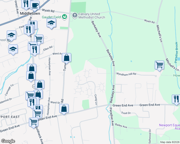 map of restaurants, bars, coffee shops, grocery stores, and more near 221 Corey Lane in Middletown