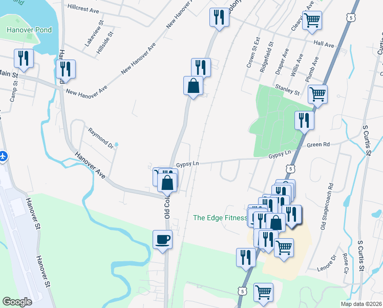 map of restaurants, bars, coffee shops, grocery stores, and more near 38 Gypsy Lane in Meriden