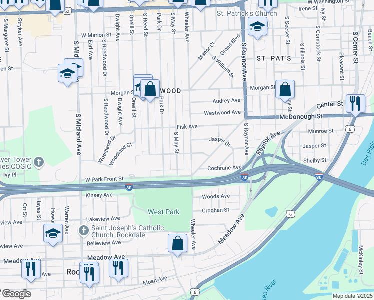 map of restaurants, bars, coffee shops, grocery stores, and more near 421 Wheeler Avenue in Joliet