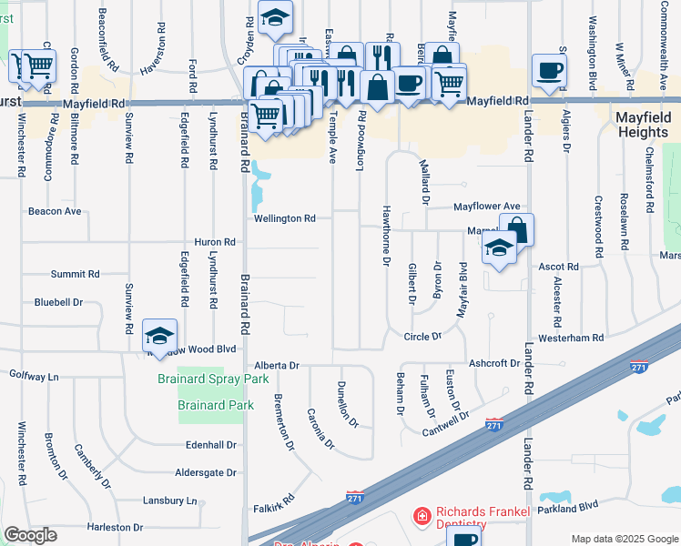 map of restaurants, bars, coffee shops, grocery stores, and more near 1697 Temple Avenue in Mayfield Heights