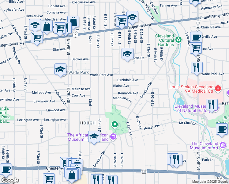 map of restaurants, bars, coffee shops, grocery stores, and more near 8609 Kenmore Avenue in Cleveland