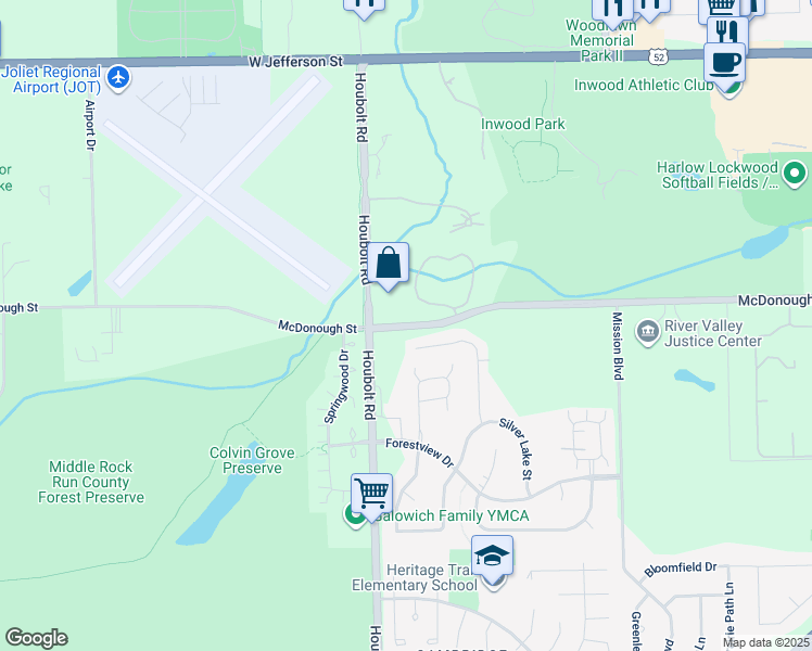 map of restaurants, bars, coffee shops, grocery stores, and more near McDonough Street in Joliet