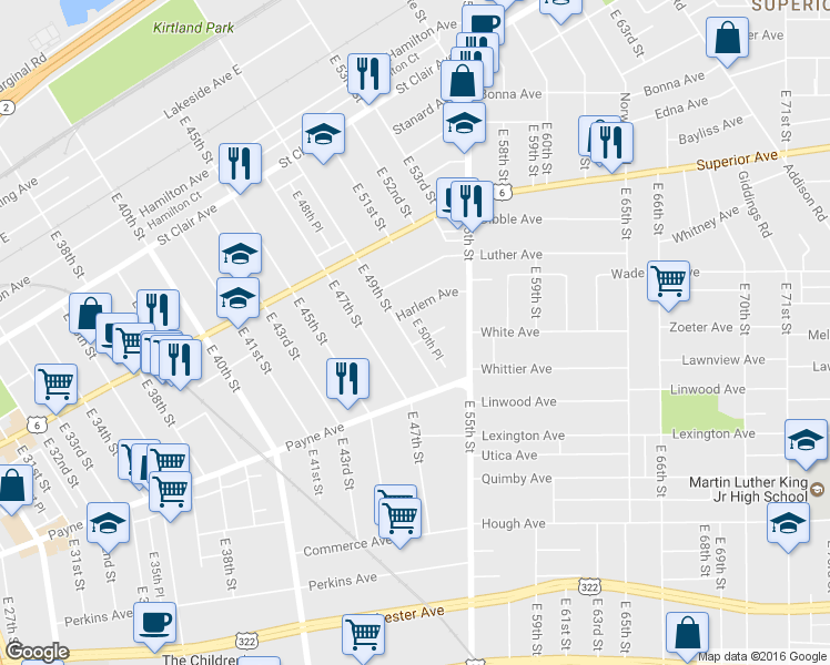 map of restaurants, bars, coffee shops, grocery stores, and more near 1595 E 49th St in Cleveland
