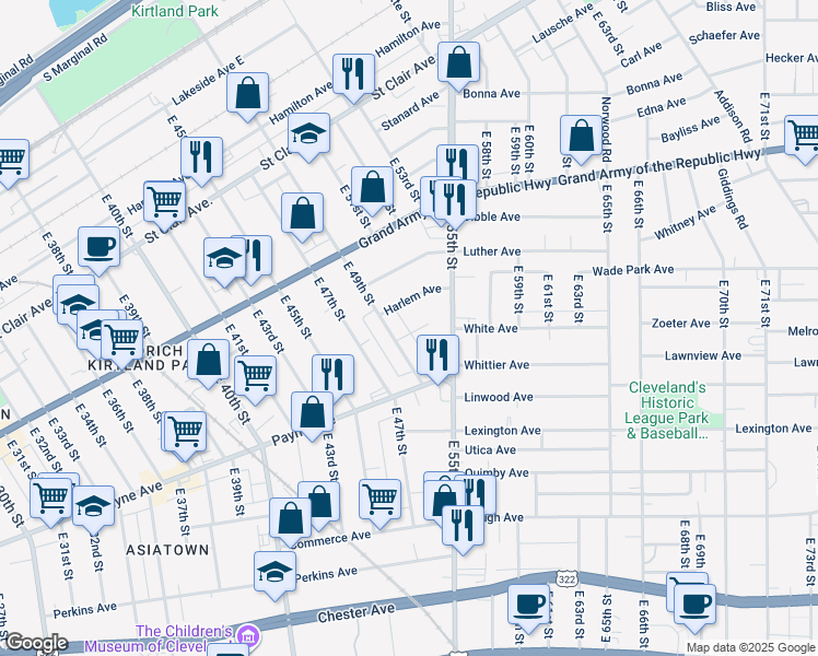 map of restaurants, bars, coffee shops, grocery stores, and more near 5009 Harlem Court in Cleveland