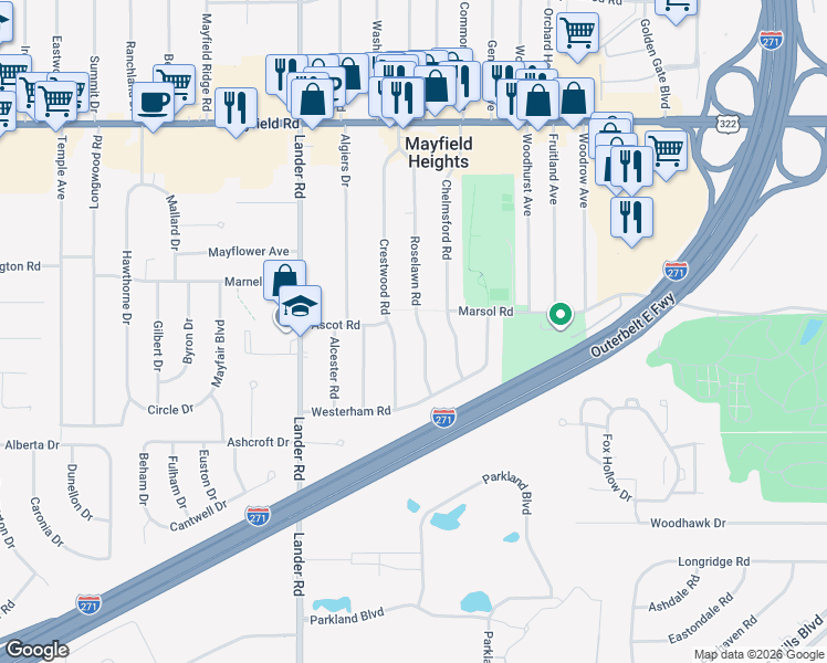 map of restaurants, bars, coffee shops, grocery stores, and more near 1708 Roselawn Road in Mayfield Heights