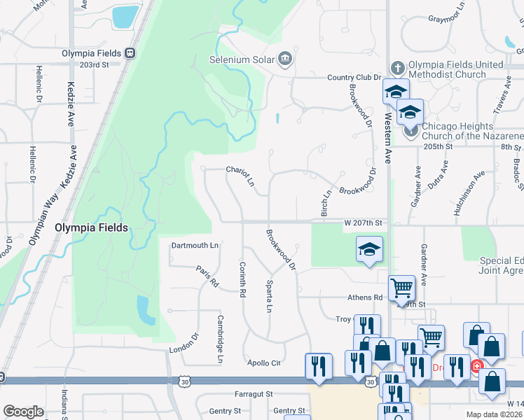 map of restaurants, bars, coffee shops, grocery stores, and more near 816 Brookwood Drive in Olympia Fields