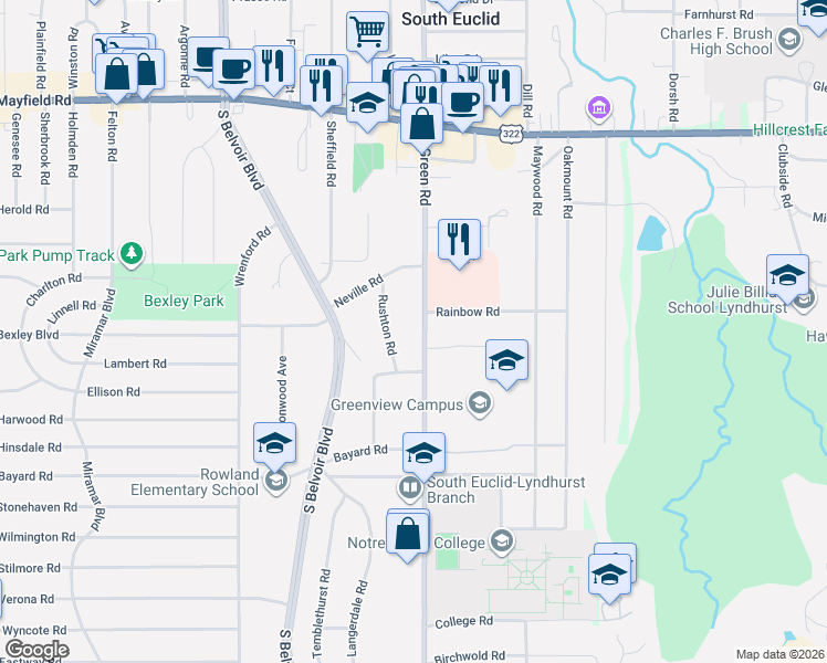 map of restaurants, bars, coffee shops, grocery stores, and more near 1683 Rushton Road in South Euclid