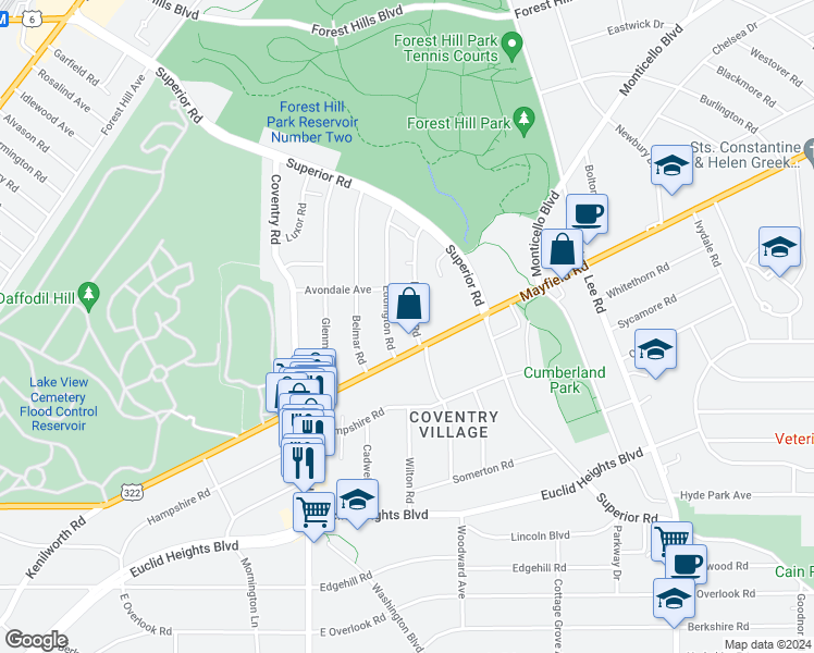 map of restaurants, bars, coffee shops, grocery stores, and more near 1666 Hillcrest Road in Cleveland Heights
