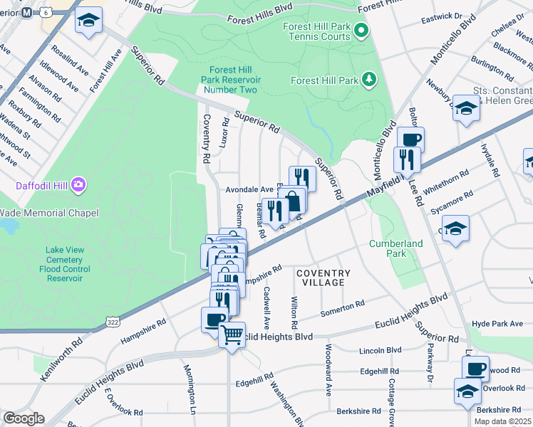 map of restaurants, bars, coffee shops, grocery stores, and more near 1668 Eddington Road in Cleveland Heights