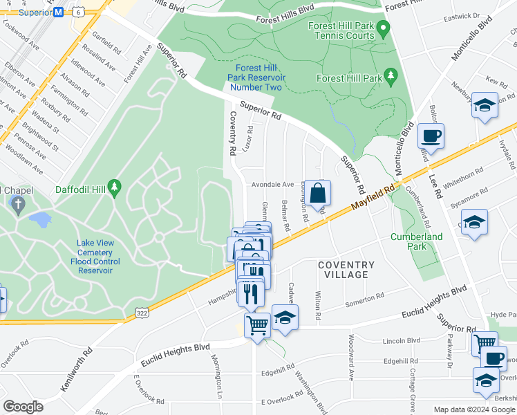 map of restaurants, bars, coffee shops, grocery stores, and more near 1667 Glenmont Road in Cleveland Heights