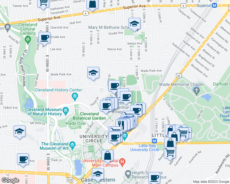 map of restaurants, bars, coffee shops, grocery stores, and more near 1615 Mistletoe Drive in Cleveland