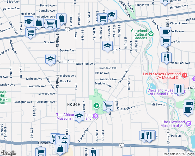 map of restaurants, bars, coffee shops, grocery stores, and more near 8609 Kenmore Avenue in Cleveland