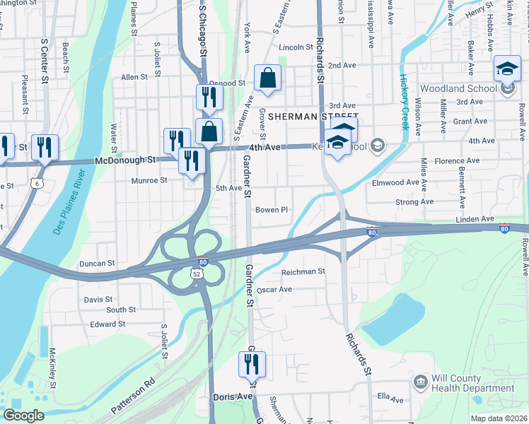 map of restaurants, bars, coffee shops, grocery stores, and more near 518 Gardner Street in Joliet