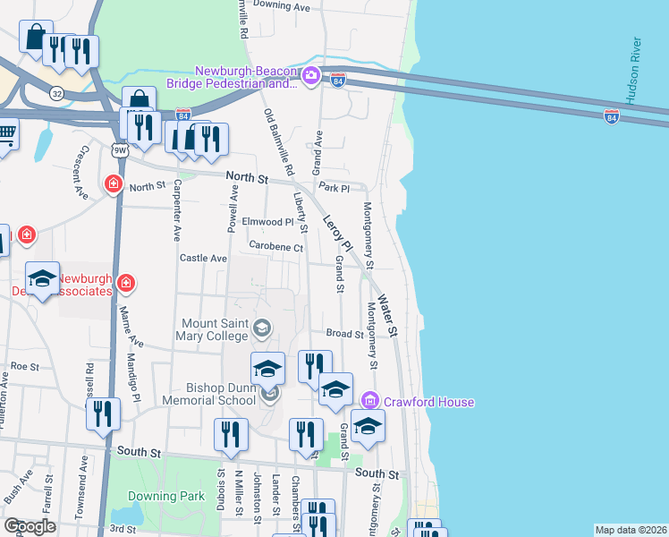 map of restaurants, bars, coffee shops, grocery stores, and more near 81 Nicoll Street in Newburgh
