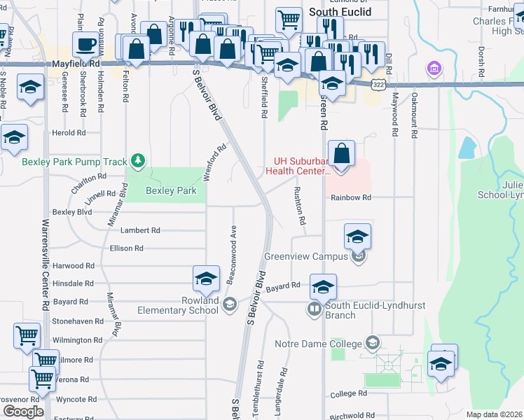 map of restaurants, bars, coffee shops, grocery stores, and more near 1688 South Belvoir Boulevard in South Euclid