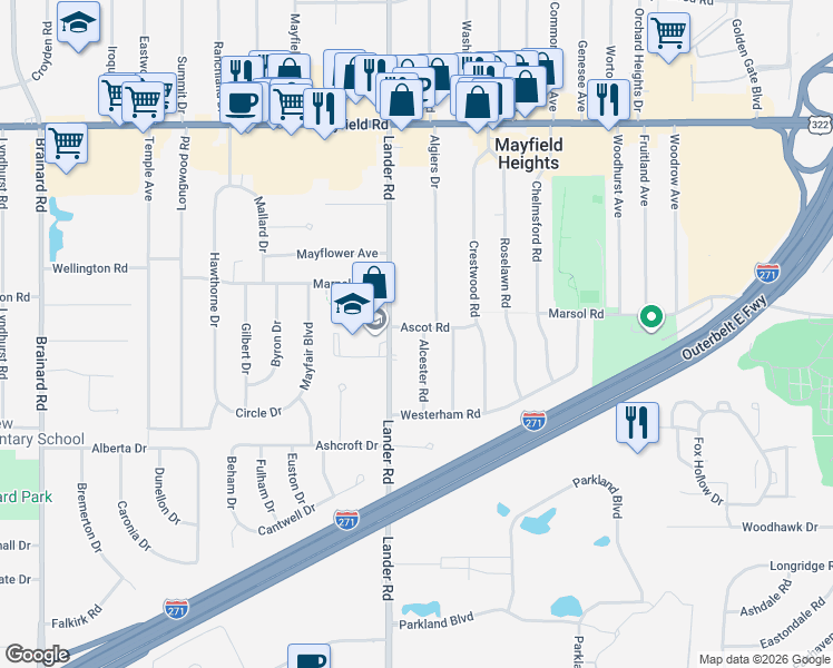 map of restaurants, bars, coffee shops, grocery stores, and more near 1710 Alcester Road in Mayfield Heights